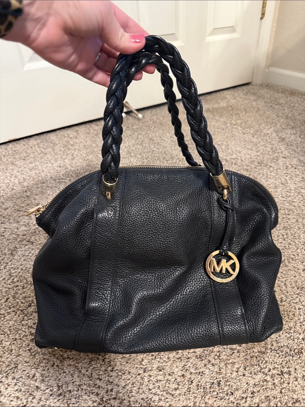 Michael Kors Black Pebbled Leather Satchel with Braided Handles